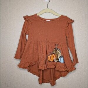 Orange Long Sleeve Ruffle Pumpkin Graphic Fall Shirt Toddler Girl Size 18-24M